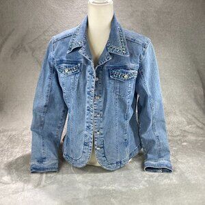 Christine Alexander Trucker Jacket Women L Blue Denim Rhinestone Mandala Crystal